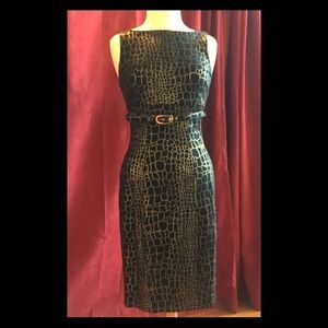 WHBM black sheath dress with gold foil detail.
